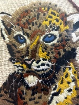 Framed Crewel Baby Tiger Cat Cub Safari 12.5”X 15” Handmade Vintage Needlepoint - Thumbnail 3