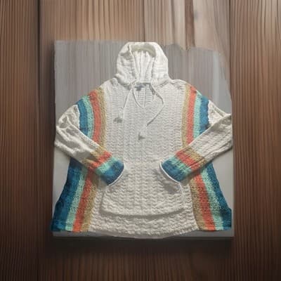 Cotton Sweater Hoodie Oversized Nautical Coastal Lagenlook Front Pocket Tassels - Thumbnail 2