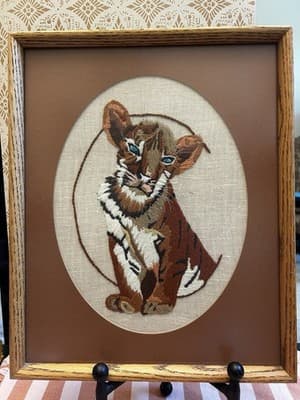 Framed Crewel Baby Tiger Cub Cat Safari 12.5”X 15” Handmade Vintage Needlepoint