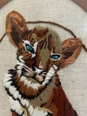 Framed Crewel Baby Tiger Cub Cat Safari 12.5”X 15” Handmade Vintage Needlepoint - Thumbnail 2