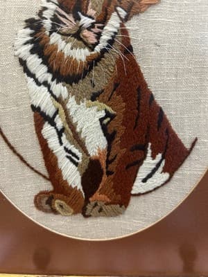 Framed Crewel Baby Tiger Cub Cat Safari 12.5”X 15” Handmade Vintage Needlepoint - Thumbnail 3