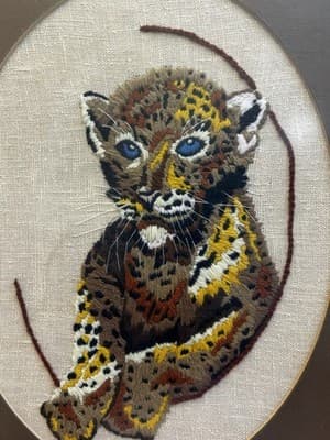 Framed Crewel Baby Tiger Cat Cub Safari 12.5”X 15” Handmade Vintage Needlepoint - Thumbnail 2