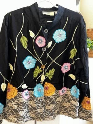 Black Floral Embroidered Lace Trim Carrie Allen Jacket Women's Size L Floral