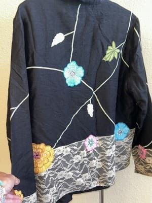 Black Floral Embroidered Lace Trim Carrie Allen Jacket Women's Size L Floral - Thumbnail 4