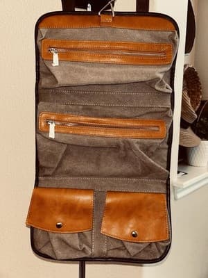 Vetelli Italian Hanging Travel Toiletry Bag | Brown & Camel Color Vegan Leather - Thumbnail 4