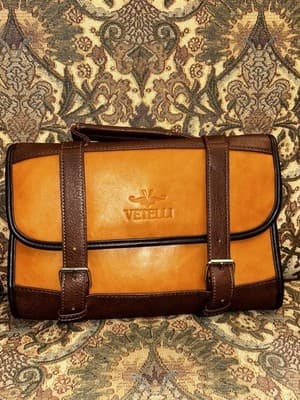 Vetelli Italian Hanging Travel Toiletry Bag | Brown & Camel Color Vegan Leather