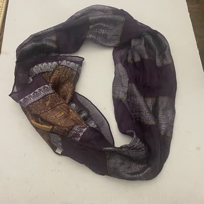 100% Silk Scarf Purple Gold Silver 66x20