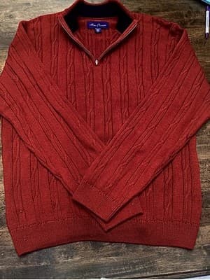 Alan Flusser Mens Cable Knit Sweater Quarter Zip Cotton XXL Deep Cranberry Red