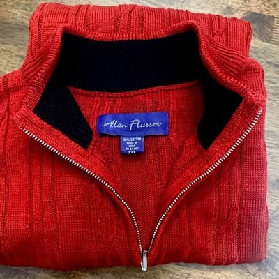 Alan Flusser Mens Cable Knit Sweater Quarter Zip Cotton XXL Deep Cranberry Red - Thumbnail 3