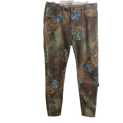 Tempo Paris L Reversible Khaki Floral Straight Leg Pants Statement Piece Moody