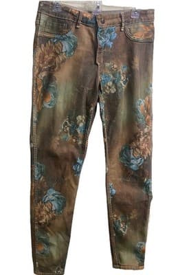 Tempo Paris L Reversible Khaki Floral Straight Leg Pants Statement Piece Moody - Thumbnail 2