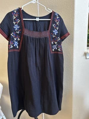 Old Navy Scandi Embroidered Square Neck Cotton Gauze Black Dress Womens Size L
