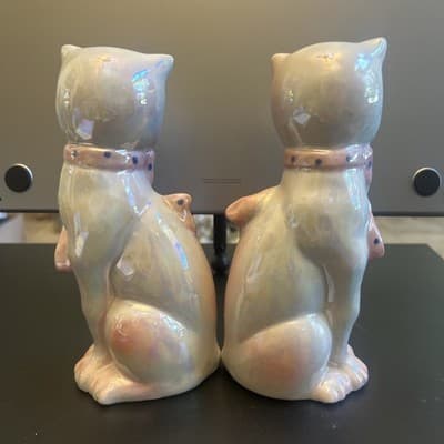 Set Two Lusterware Cat Figurines Polk Dot Scarf Flower Iridescent Vintage 8” - Thumbnail 3