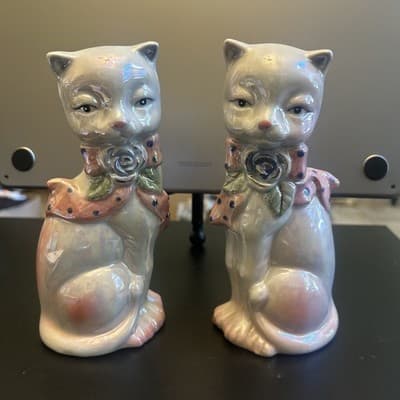 Set Two Lusterware Cat Figurines Polk Dot Scarf Flower Iridescent Vintage 8”