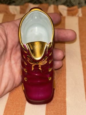 Limoges France Porcelain Mini Boot Wine Red Gold Trim Vase Ashtray Trinket VTG