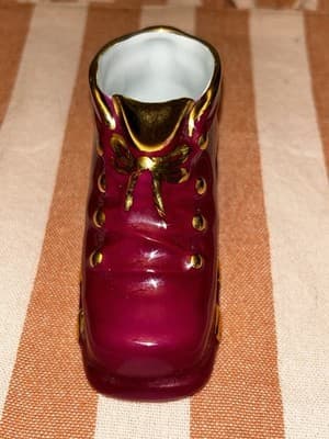 Limoges France Porcelain Mini Boot Wine Red Gold Trim Vase Ashtray Trinket VTG - Thumbnail 2