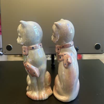 Set Two Lusterware Cat Figurines Polk Dot Scarf Flower Iridescent Vintage 8” - Thumbnail 2