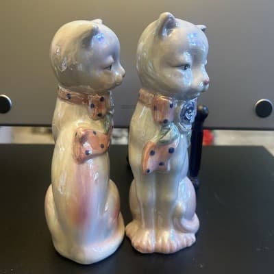 Set Two Lusterware Cat Figurines Polk Dot Scarf Flower Iridescent Vintage 8” - Thumbnail 4