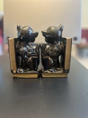 Black & Gold Cat Bookends Pen Holder Red Ware Made In Japan 1950s Spooky Vintage - Thumbnail 3