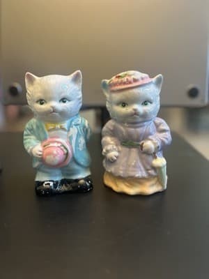 Set Of 2 Ceramic Boy Girl Cat Piggy Bank Japan Vintage Colorful Victorian 5”