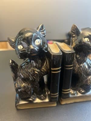 Black & Gold Cat Bookends Pen Holder Red Ware Made In Japan 1950s Spooky Vintage - Thumbnail 7