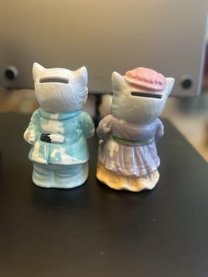 Set Of 2 Ceramic Boy Girl Cat Piggy Bank Japan Vintage Colorful Victorian 5” - Thumbnail 3
