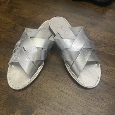 Madewell Sandals The Boardwalk Leather Slides Sz 7 Silver Metallic