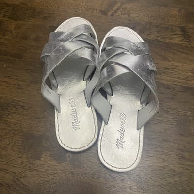 Madewell Sandals The Boardwalk Leather Slides Sz 7 Silver Metallic - Thumbnail 4