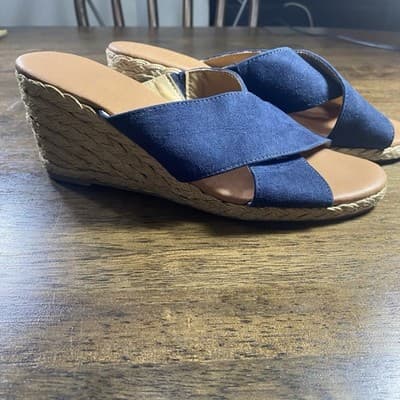 Tommy Bahama Suede Cross Strap Wedge Slip On Sandals Navy Sz 8 Comfort - Thumbnail 3