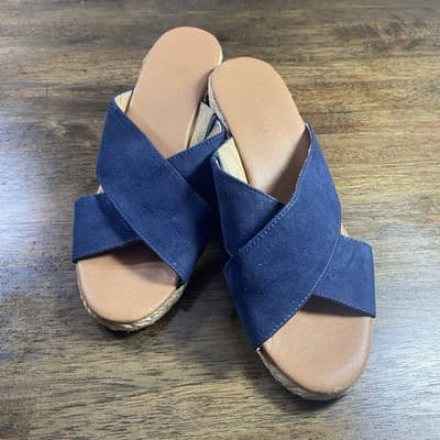 Tommy Bahama Suede Cross Strap Wedge Slip On Sandals Navy Sz 8 Comfort - Thumbnail 2