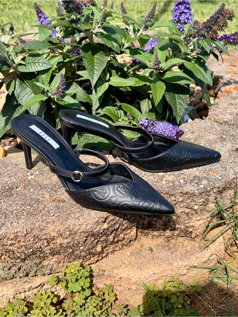 Elle Black Pointed Embossed Leather Mules with Strap Kitten Summer Sandals - Thumbnail 4