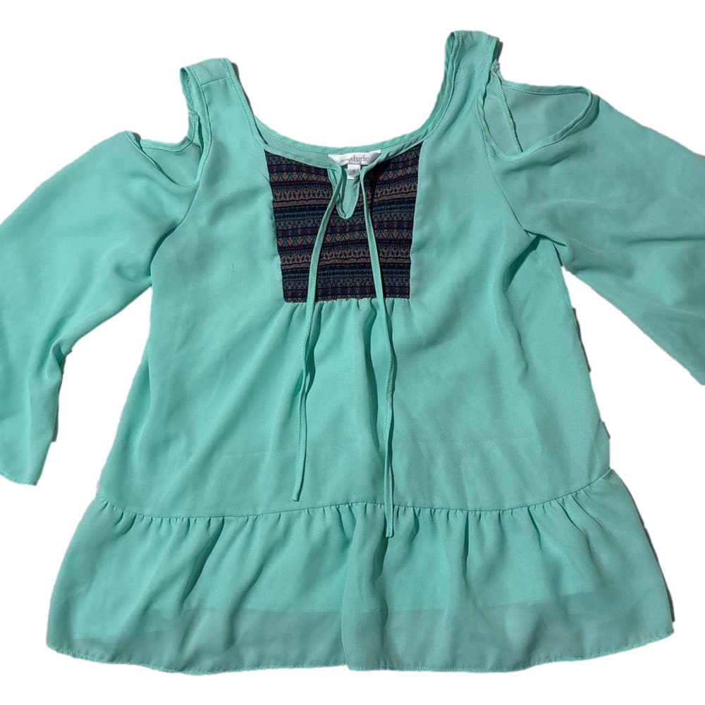 Charming Charlie Mint Cold-Shoulder Peasant Top with Embroidered Yoke - Thumbnail 4