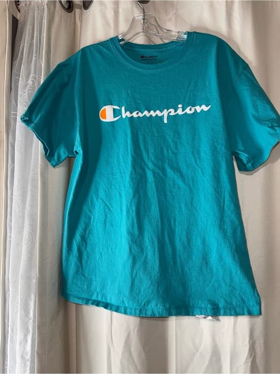 Champion Teal Script Logo T-Shirt size Large athletic wear athleisure gym tee - Thumbnail 4