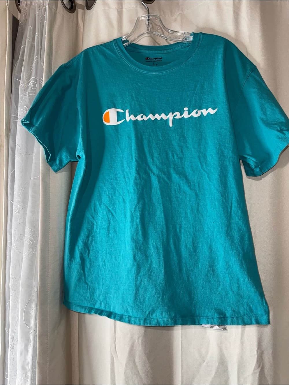Champion Teal Script Logo T-Shirt size Large athletic wear athleisure gym tee - Thumbnail 3