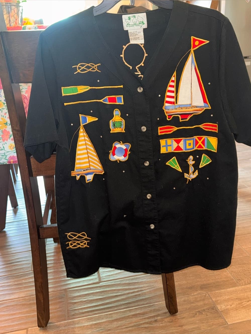 ✨VINTAGE✨Nautical Embroidered Black Button-Up Shirt size medium summer - Thumbnail 3