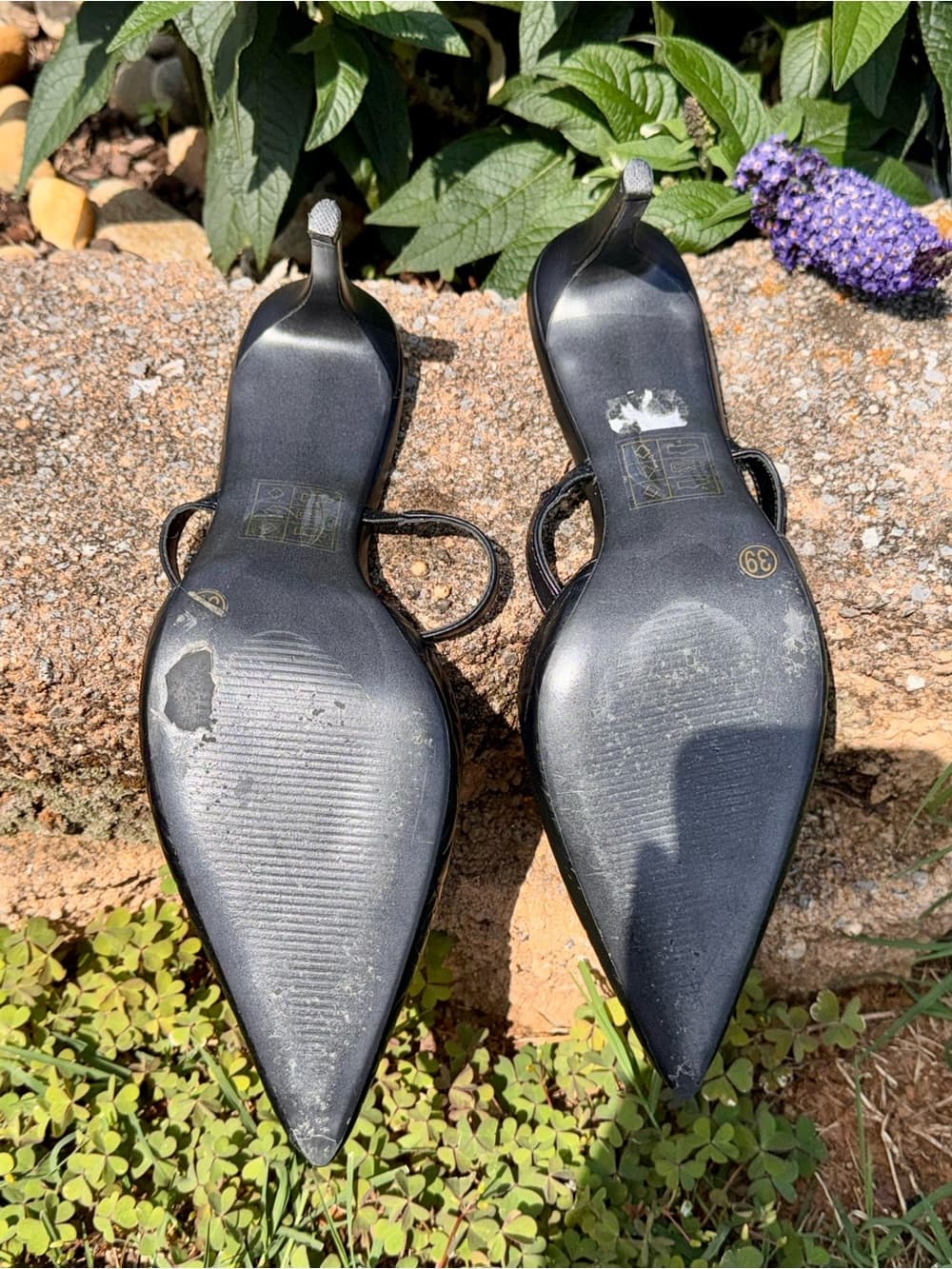 Elle Black Pointed Embossed Leather Mules with Strap Kitten Summer Sandals - Thumbnail 2