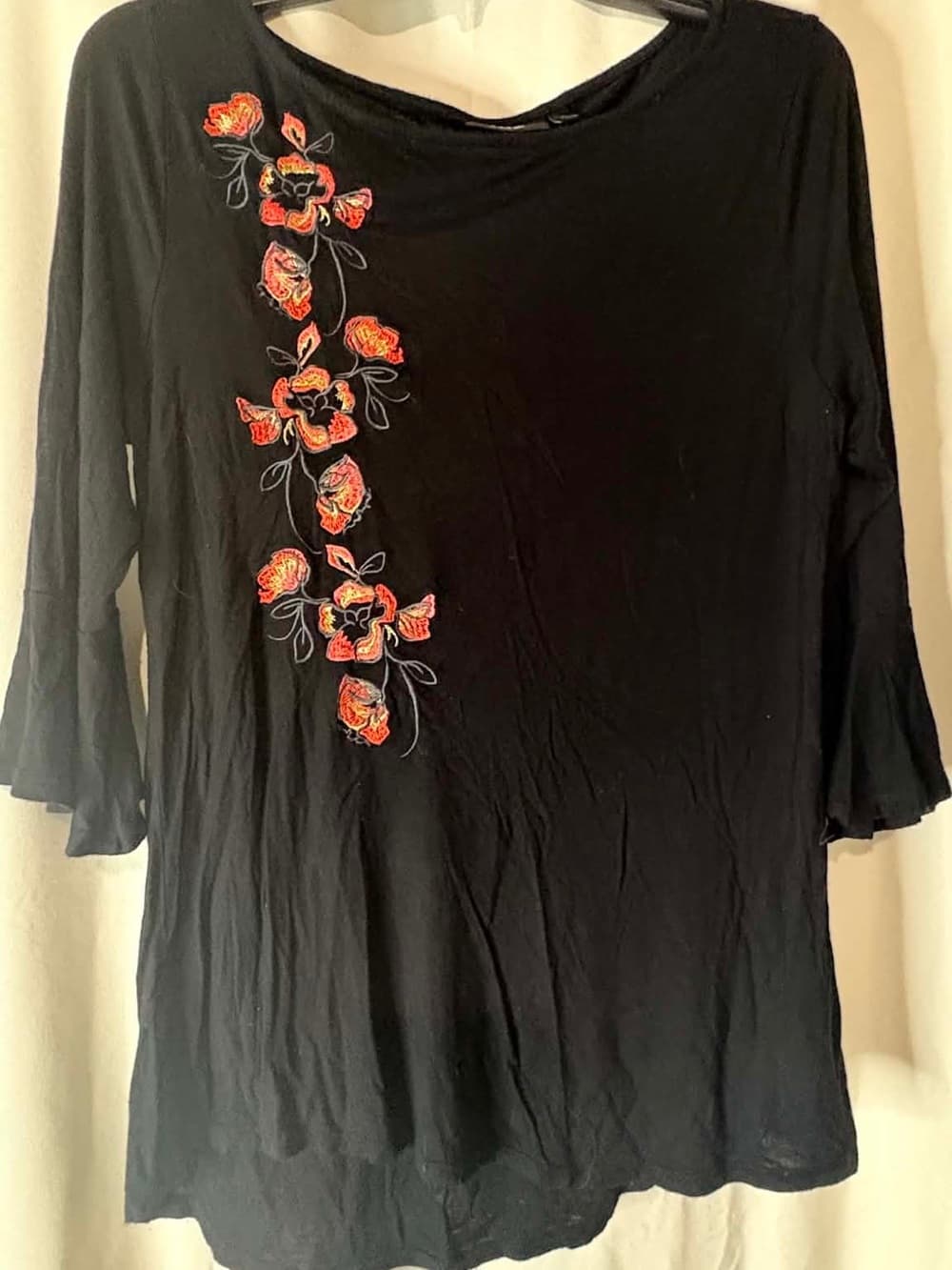 Apt. 9 Black Long-Sleeve Top with Orange Floral Embroidery soft - Thumbnail 3