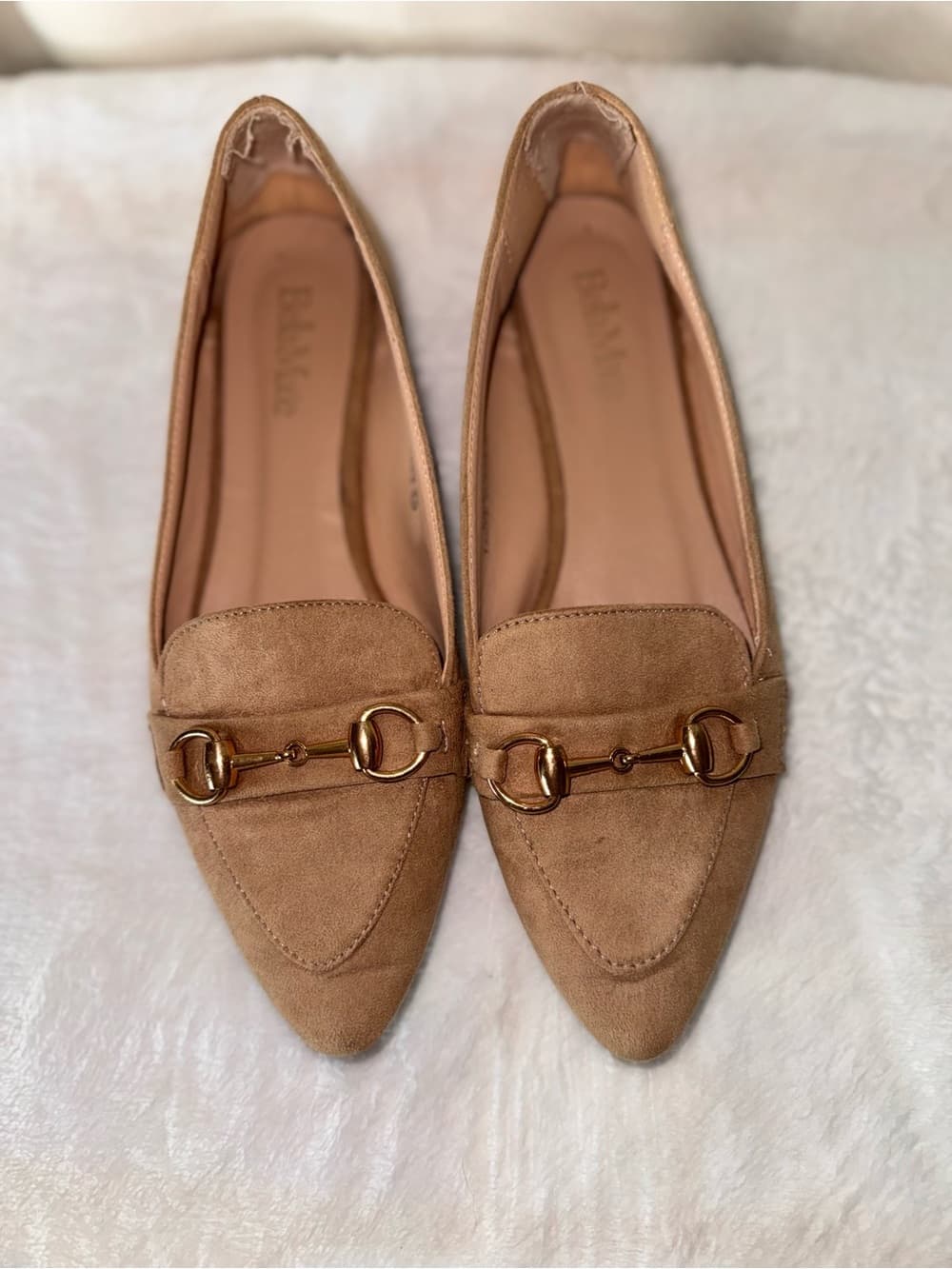 Suede Pointed Toe Loafers with Horsebit - Tan