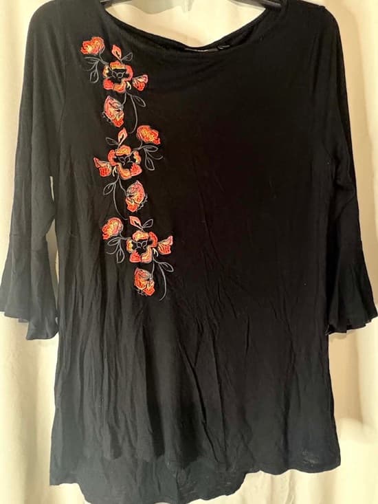 Apt. 9 Black Long-Sleeve Top with Orange Floral Embroidery soft - Thumbnail 4