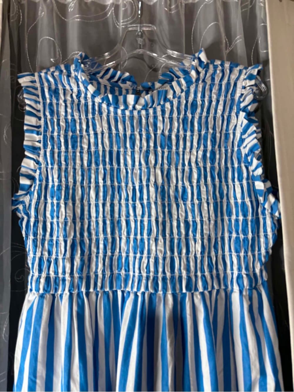 Blue and White Smocked Tiered summer Midi Dress Sundress size 14 XL