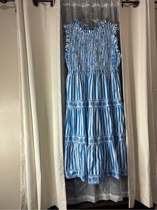 Blue and White Smocked Tiered summer Midi Dress Sundress size 14 XL - Thumbnail 4