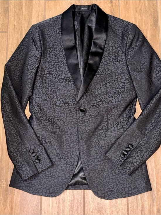 jf j.ferrar Black Patterned Satin Shawl Collar Tux Jacket slim measurements - Thumbnail 7