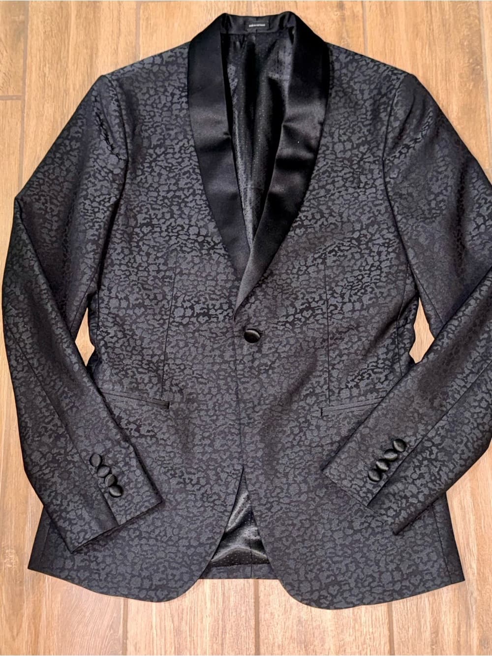 jf j.ferrar Black Patterned Satin Shawl Collar Tux Jacket slim measurements - Thumbnail 6