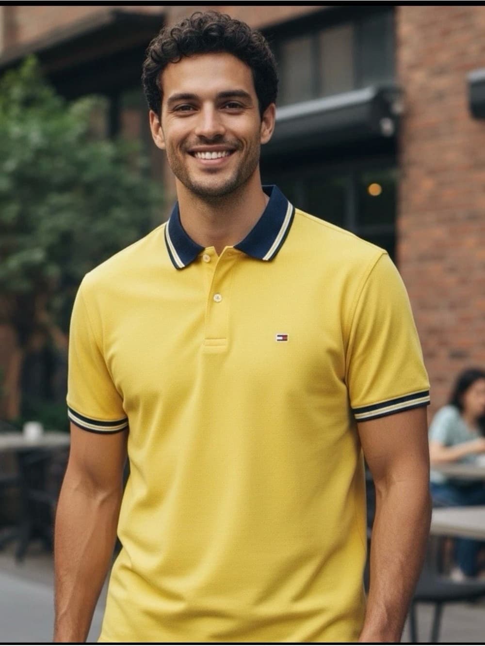 Tommy Hilfiger Yellow Polo with Navy Contrast Collar - Thumbnail 4