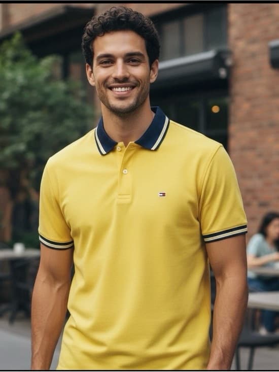 Tommy Hilfiger Yellow Polo with Navy Contrast Collar - Thumbnail 5
