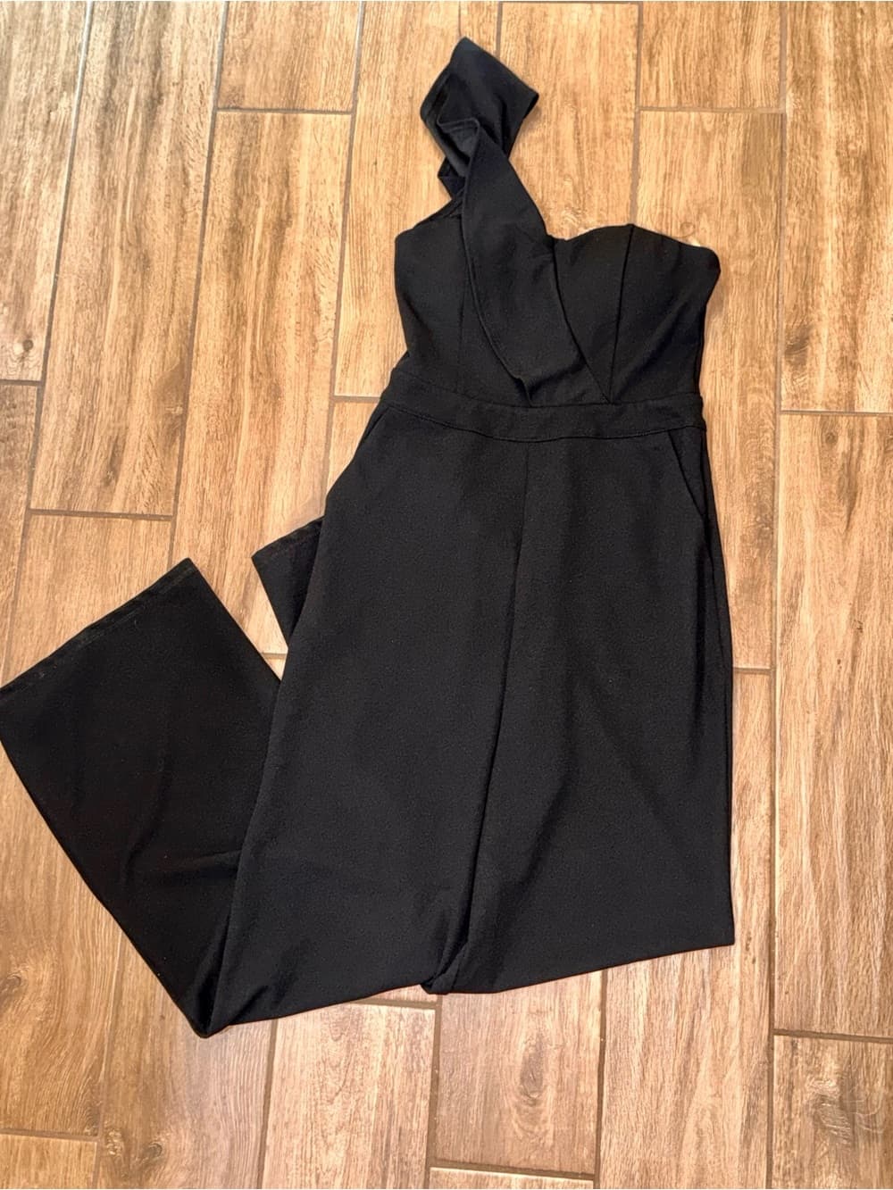 Black One-Shoulder Jumpsuit formal zip back size small boutique fitted - Thumbnail 4