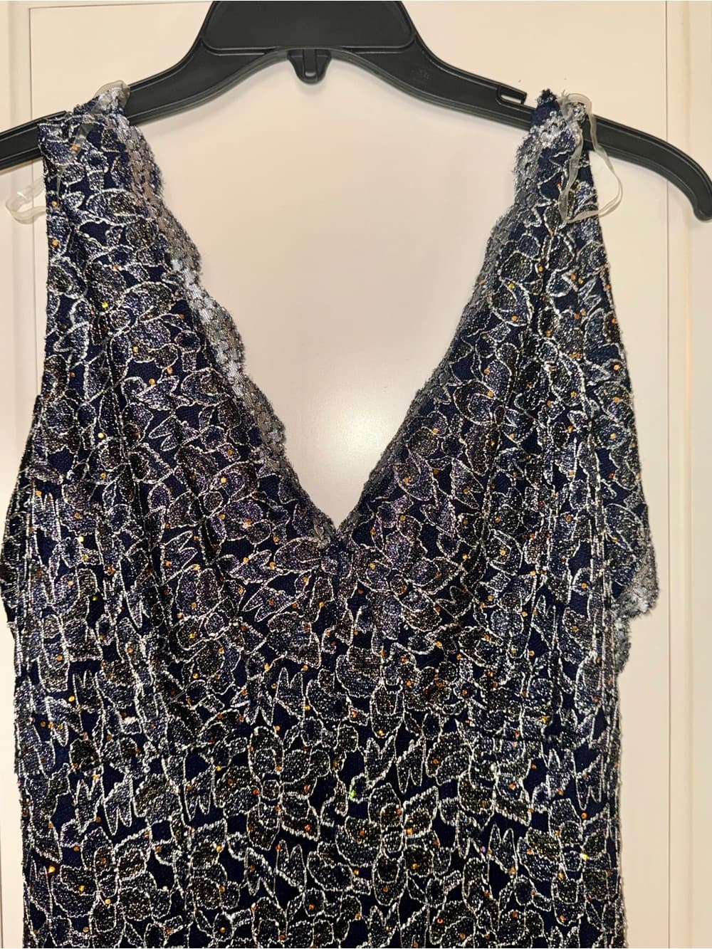 Elegant navy and Gold Evening gown - Women's V-Neck Gown Tie Back soft Trumpet