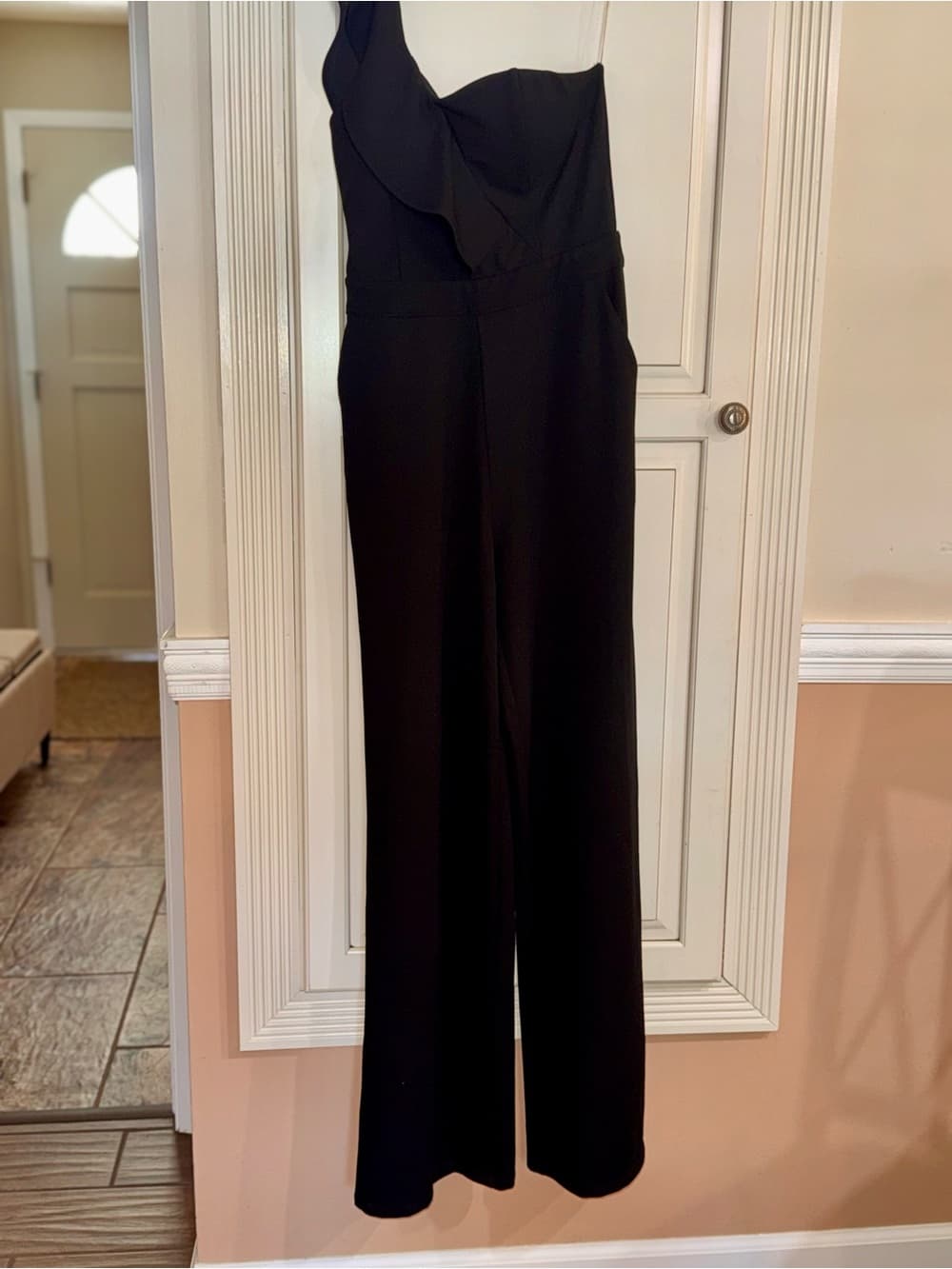 Black One-Shoulder Jumpsuit formal zip back size small boutique fitted - Thumbnail 2
