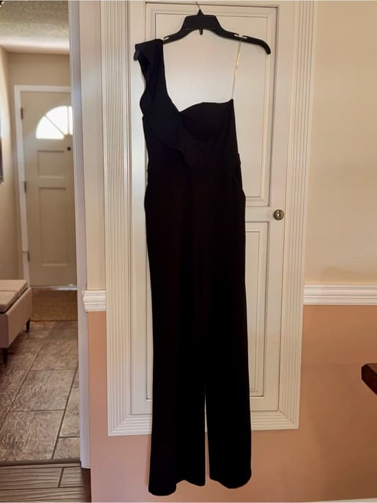 Black One-Shoulder Jumpsuit formal zip back size small boutique fitted - Thumbnail 9