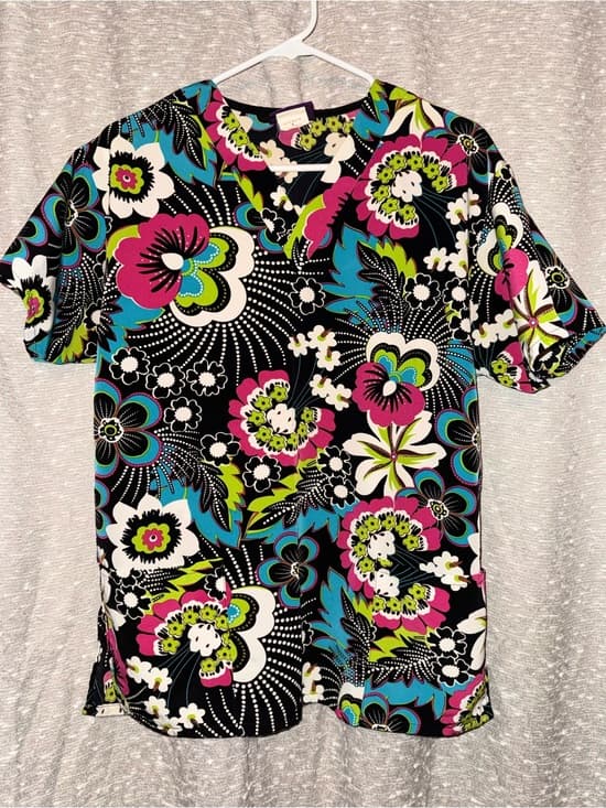 Y2K Floral Scrub Top | Bright Pink Blue Green Retro Print | Women’s Size Small - Thumbnail 3